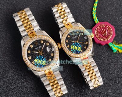 High Replica Rolex Datejust Watch Black Face 2-Tone Yellow Gold strap Diamonds Bezel  36mm